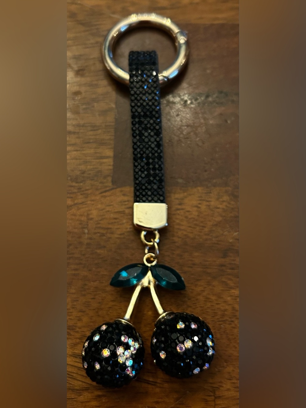 Fashion Jewelry Black, Gold & Green Sparkling Cherries Keychain Bag Charm NWOT